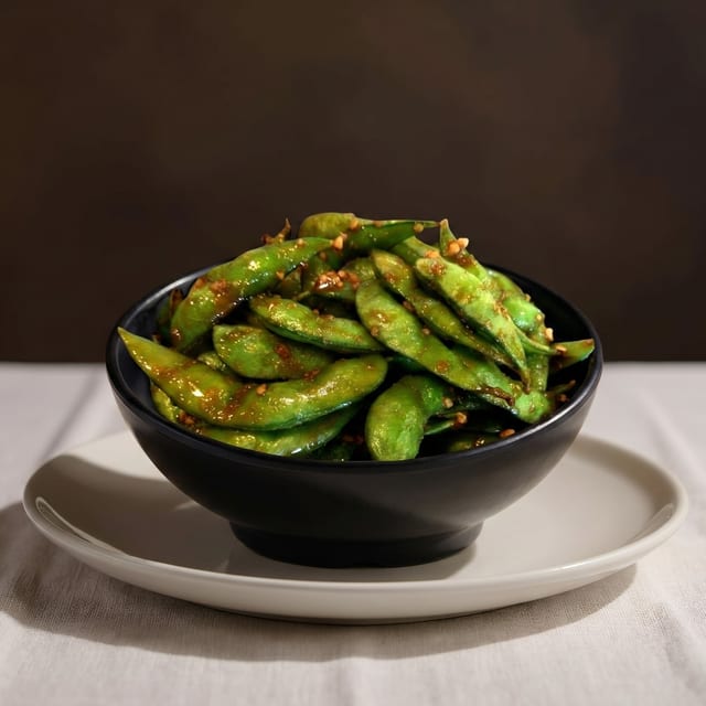 Garlic Edamame (V).